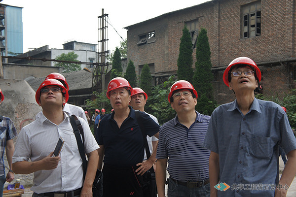 湖北省文物局副局长王凤竹（中）、中国文物信息咨询中心总工程师王立平（右二）视察华新水泥厂旧址1、2、3号窑的修缮保护施工现场